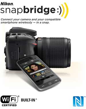 Nikon snapbridge logo and the D7200 and smartphone showing wireless connectivity