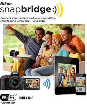 Photo of a group of people taking a selfie, using the D5500 remotely, along with the snapbridge logo and tablet and smart phone
