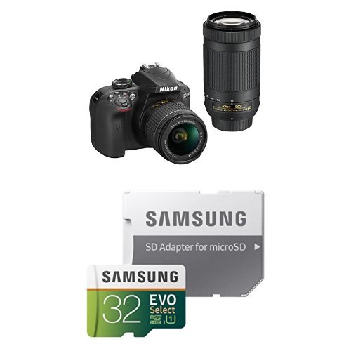 Nikon D3400 DSLR Camera with AF-P DX NIKKOR 18-55mm f/3.5-5.6G VR and AF-P DX NIKKOR 70-300mm f/4.5-6.3G ED (Black) with Memory Card and Adapter