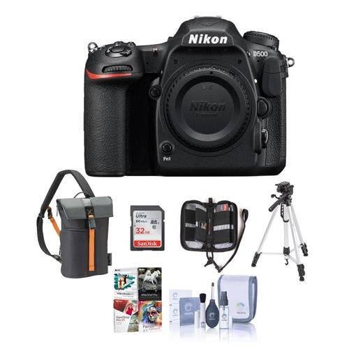 Nikon D500 DX-format DSLR Body - Bundle With 32GB SDHC Card, Holster Bag, Tripod, Memory Wallet, Cleaning Kit, Software Package