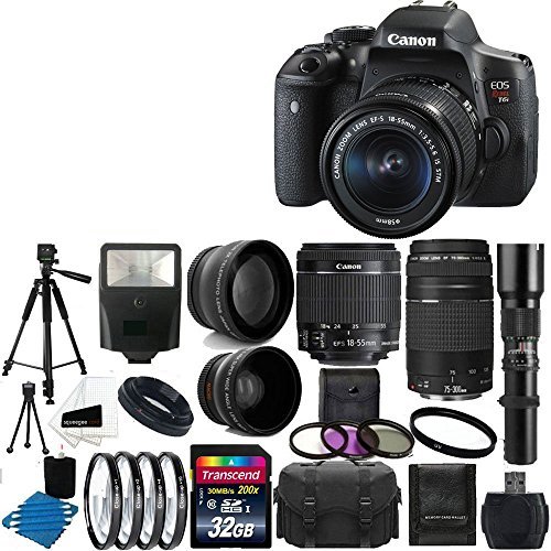 Canon EOS Rebel T6i Digital SLR Camera & 18-55 F3.5-5.6 IS STM & 75-300 f/4.0-5.6 Lens +Telephoto 500mm Lens & 58mm 2x Lens +Wide Angle Lens + Flash +Filter Kit & 32GB Complete Deluxe Accessory Bundle