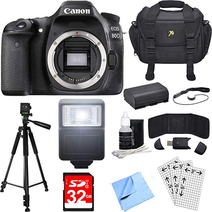 Canon EOS 80D 24.2 MP CMOS Digital SLR Camera (Body) Deluxe Bundle includes Camera, Case, Tripod, 32GB Memory Cards, LP-E6 Battery, Flash, Cleaning Kit, Beach Camera Cloth and More