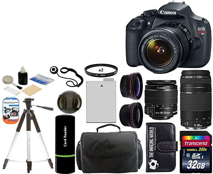 Canon EOS Rebel T5 Digital Camera SLR Kit With Canon EF-S 18-55mm IS II + Canon 75-300mm III Lens + 32GB Card and Reader + Camera and Lens Case + Spare Battery Pack + 2 58mm UV Filters + Wide Angle Lens (58mm) + Telephoto Lens (58mm) + Tripod + Digital Camera Cleaning Kit + Accessory Kit