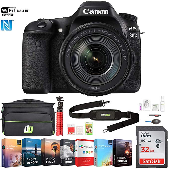 Canon EOS 80D 24.2 MP CMOS DSLR Camera w/EF-S 18-135mm f/3.5-5.6 is USM Lens (1263C006) w/ 32GB Deluxe Accessory Bundle Includes, Deco Gear Camera Bag and Photo and Video Professional Editing Suite