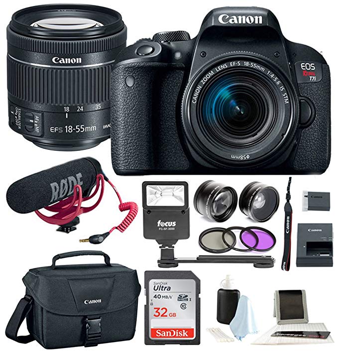 Canon T7i Video Creator Kit w/ 18-55mm Lens, Rode Microphone, 32GB Card + Canon SLR Bag, Flash & Supreme Kit