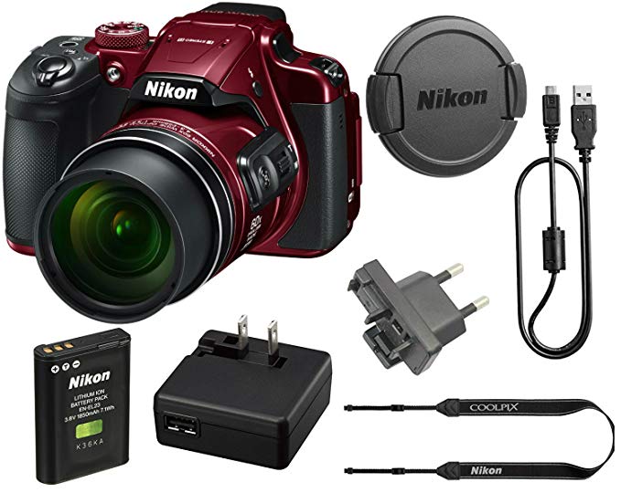 Nikon COOLPIX B700 20.2 MP 60x Opt Zoom Super Telephoto NIKKOR 4K Digital Camera Bundle Set w/ Rechargeable Battery, Charger, Euro Adapter etc (Red)
