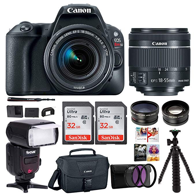 Canon EOS Rebel SL2 Digital Camera with Canon EF-S 18-55mm STM Lens : 24 Megapixel 1080p HD Video DSLR Bundle with 64GB (2X 32GB SD Cards) Mini Tripod Filter Kit Flash Bag & Charger Professional Kit