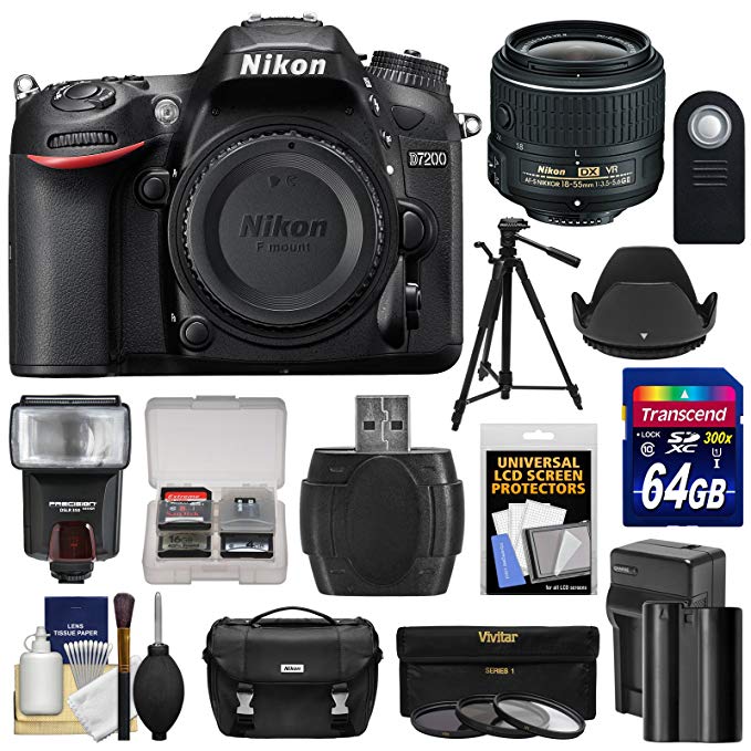 Nikon D7200 Wi-Fi Digital SLR Camera Body with 18-300mm VR Lens + 64GB Card + Case + Flash + Battery/Charger + Tripod + Kit