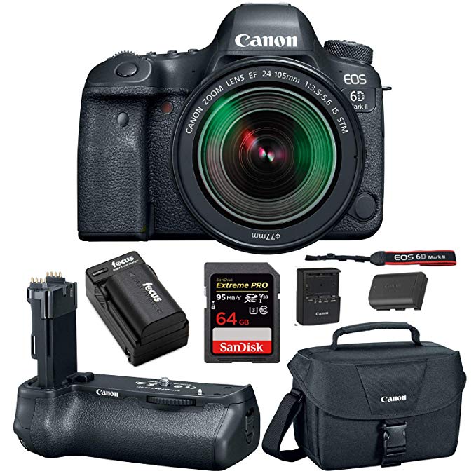 Canon EOS 6D Mark II DSLR Camera with 24-105mm f/3.5-5.6 Lens + Canon BG-E21 Battery Grip 64GB SD Card SLR Bag & Battery with Charger Advanced Travel Kit