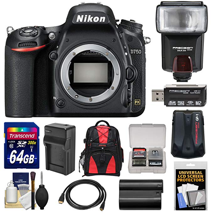 Nikon D750 Digital SLR Camera Body with 64GB Card + Battery & Charger + Backpack + Flash + Kit