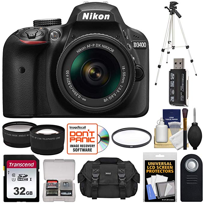 Nikon D3400 Digital SLR Camera & 18-55mm VR DX AF-P Zoom Lens (Black) with 32GB Card + Case + Tripod + Filter + Tele/Wide Lens Kit (Certified Refurbished)