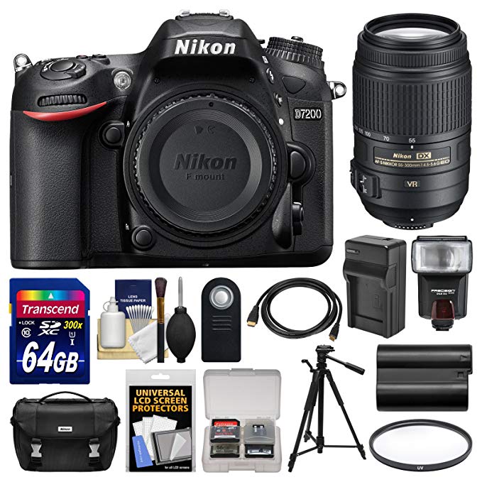 Nikon D7200 Wi-Fi Digital SLR Camera Body with 55-300mm VR Lens + 64GB Card + Case + Flash + Battery/Charger + Tripod + Kit