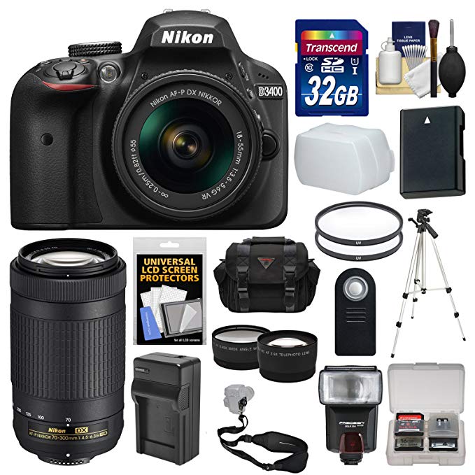 Nikon D3400 Digital SLR Camera & 18-55mm VR & 70-300mm DX AF-P Lenses with 32GB Card + Case + Flash + Tripod + Tele/Wide Lens Kit