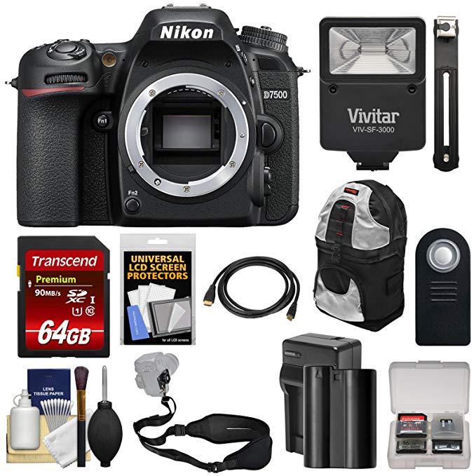 Nikon D7500 Wi-Fi 4K Digital SLR Camera Body with 64GB Card + Battery & Charger + Backpack + Strap + Flash + HDMI Cable + Remote + Kit