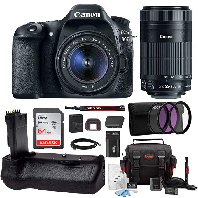 Canon EOS 80D DSLR Camera with EF-S 18-55mm f/3.5-5.6 is STM + EF-S 55-250mm f/4-5.6 is STM Lens + 64GB SD Card + Battery Grip Advanced Photo & Travel Bundle