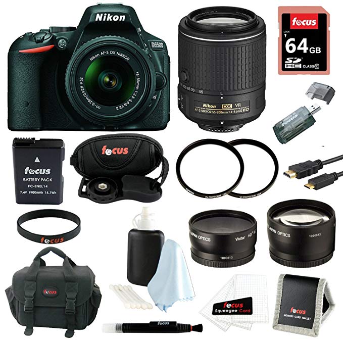 Nikon D5500 SLR Camera (Black) with 4 Lens Kit: 18-55mm, 55-200mm VR Nikkor, and 52mm Wide & Tele Lenses plus 64GB Accessory Bundle