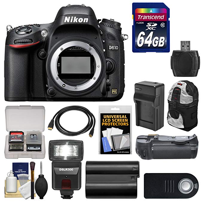 Nikon D610 Digital SLR Camera Body with 64GB Card + Sling Case + Flash + Grip + Battery & Charger + Remote Kit
