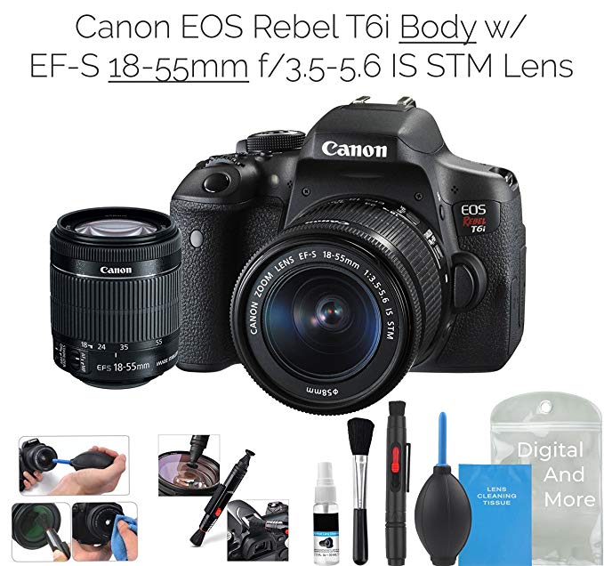Canon EOS Rebel T6i Digital SLR Camera (Wifi Enabled) w/EF-S 18-55mm f/3.5-5.6 IS STM Lens + DigitalAndMore Deluxe Camera Cleaning Solution