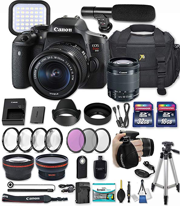 Canon EOS Rebel T6i 24.2 MP DSLR Camera with Canon EF-S 18-55mm f/3.5-5.6 is STM Lens + 32GB & 16GB Memory Cards + Professional Kit + Accessory Bundle (Professional Video Kit)