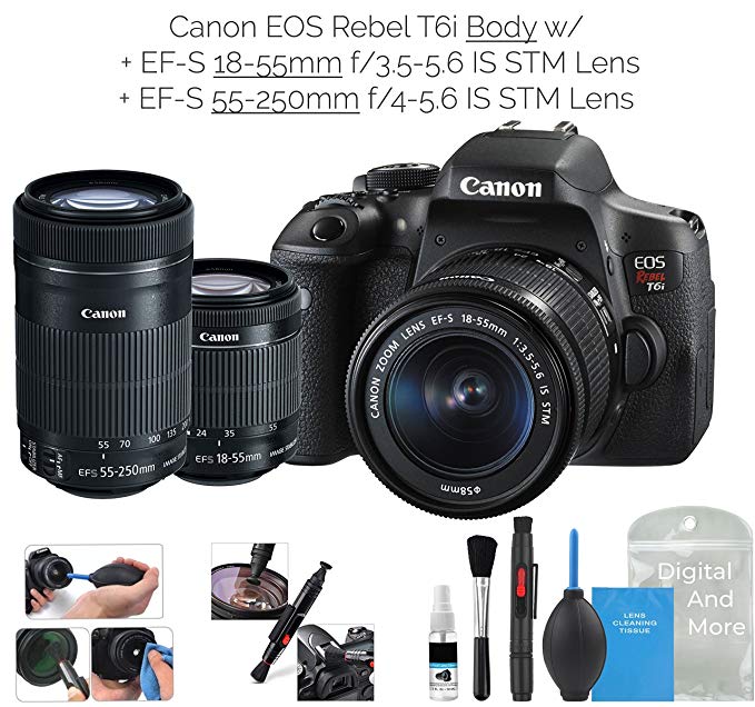 Canon EOS Rebel T6i Digital SLR Camera (Wifi Enabled) Creator Kit w/EF-S 18-55mm f/3.5-5.6 IS STM Lens + EF-S 55-250mm f/4-5.6 IS STM Lens + DigitalAndMore Deluxe Camera Cleaning Solution